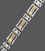 Modern appeal. This structured men's bracelet combines chic elements of stainless steel and 14k gold with intricate mesh accents. Approximate length: 8-1/2 inches.