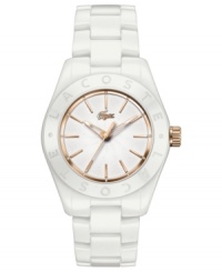 Smooth ceramic adds a crisp look, while rosy accents add warmth, to this Biarritz collection watch from Lacoste.