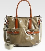 EXCLUSIVELY ONLINE AT SAKS.COM. Sleek glazed canvas trimmed with rich leather and finished with slim buckled straps.Double top handles, 6 drop Removable shoulder strap, 22 drop Snap top closure Two outside open pockets Protective metal feet One inside zip pocket Two inside open pockets Nylon lining 11½W X 12½H X 9D Made in Italy