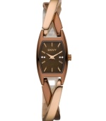 DKNY crafts a twist ending with this chic timepiece. Crafted of brown and rose-gold ion-plated stainless steel twist bracelet and rectangular case. Brown dial features rose-gold tone applied stick indices, crystal accents at three and nine o'clock, logo at twelve o'clock and rose-gold tone two hands. Quartz movement. Water resistant to 30 meters. Two-year warranty.