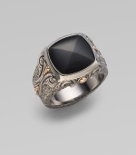 A bold signet ring of sterling silver with an inlay of faceted black onyx and graceful shank carvings with rose goldplated accents.Black onyx Sterling silver Rose goldplating Width, about 1 Imported