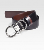 Smooth Italian leather with signature buckle. Gunmetal double gancini closure About 1½ wide Made in Italy