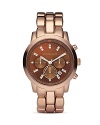 A rich chocolate-hued mother of pearl dial is offset by a rose-gold tone bracelet.