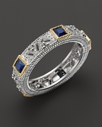 Judith Ripka Sterling Silver and 18K Gold Estate Band Ring with Blue Corundum