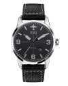 Take your style to new heights with this aviation-inspired timepiece from ESQ by Movado. Crafted of black distressed leather strap and round stainless steel case. Black aviation-inspired dial with silver-tone applied stick indices, numerals at three, six and nine o'clock, date window at four o'clock, three hands and plane logo at twelve o'clock. Swiss quartz movement. Water resistant to 50 meters. Two-year limited warranty.