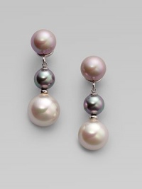 A trio of softly hued pearls, in grey, nuage, and white, elegantly dangle.8mm, 10mm and 12mm multicolor organic man-made pearls Sterling silver Drop, about 1½ Pierced clip Made in Spain