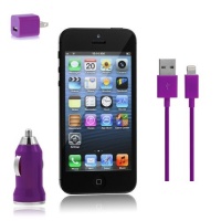 Zeimax iPhone 5 USB Cable, Car Charger 5V 1A White with AC Wall Charger Adapter for iPhone 5 (Purple)