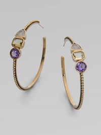 This simply chic design features faceted rose quartz, yellow quartz and amethyst stones set in a bead bronze hoop. Rose quartz, yellow quartz and amethystBronzeLength, about 2Post backMade in USA