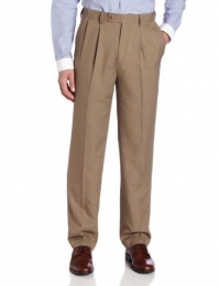 Louis Raphael Men's Houndstooth Pleated Dress Pant with Hidden Extension, Coffee, 38x29