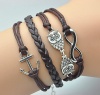 Plating Retro Silver Cute Owl & Infinity Wish Anchor Bracelet Brown Rope Braided Personalized Bracelet Friendship Gift 1189r