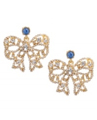 Flirty, feminine and totally fashionable! Prepare yourself for compliments when you wear Betsey Johnson's  bow earrings. Crafted in gold tone mixed metal with clear crystal accents and a blue crystal post. Approximate drop: 1-1/5 inches.