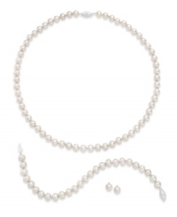 Polish and shine. This sophisticated matching jewelry set features a necklace, earrings and bracelet with cultured freshwater pearls (6-7 mm) and sparkling diamond accents. Set in sterling silver. Approximate length: 18 inches. Approximate bracelet length: 7-1/2 inches. Approximate stud diameter: 1/4 inch.