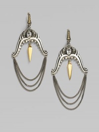 From the Jewels Verne Collection. Polished and oxidized sterling silver with a goldplated spike drop.Crystal Sterling silver Yellow goldplated Length, about 2½ 14K gold post with omega clip Imported 