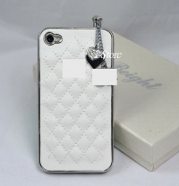 Designer inspired Silver white Set - 3.5mm Anti dust Ear Cap Dock Plug and white Leather iPhone 4 4S case - iStore