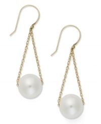 Contemporary chic. Delicate chains cradle a cultured freshwater pearl (10 mm) in this shapely style. Set in 14k gold. Approximate drop: 1-1/2 inches.