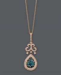 You'll feel like a queen every time you wear this regal style. Bella Bleu by Effy Collection's standout pendant features intricate scrolls dusted with round-cut diamonds (1/3 ct. t.w.) and highlights a teardrop adorned with round-cut blue diamonds (3/8 ct. t.w.). Setting and chain crafted in 14k rose gold. Approximate length: 18 inches. Approximate drop length: 1-1/4 inches. Approximate drop width: 7/16 inch.