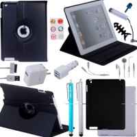 22 pcs iPad 3 Accessory Bundle / 360° Black Leather Case, Smoke TPU Case, Black Silicone Case / Earphones / 4 Silver and Blue Stylus Pens! / Chargers for iPad 3 - ECO-FUSED® Microfiber Cleaning Cloth Included - And MORE! Also compatible with iPad 2 (Bla