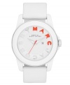 Energetic coral color shines on this white Icon Stripe watch from Marc by Marc Jacobs.