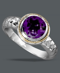 Make a bold statement with a vibrant cocktail ring. Balissima by Effy Collection's stunning style features a round-cut amethyst (1-5/8 ct. t.w.) set in sterling silver with intricate rope edges crafted from 18k gold. Size 7.