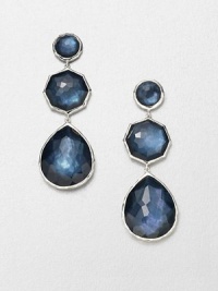 From the Wonderland Collection. A stunning style with three faceted, indigo doublets in various shapes and sizes set in hammered sterling silver. Mother-of-pearl and hand-faceted clear quartz accented doubletsSterling silverDrop, about 2.5Post backImported 