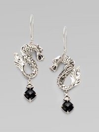 From the Naga Collection. Slightly ferocious but oh so stylish, these S-shaped dragons hold faceted drops of black chalcedony.Black chalcedonySterling silverDrop, about 2¼Ear wireImported