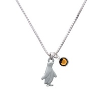 2-D Silver Penguin Charm Necklace with Yellow Smoked Topaz Crystal Drop