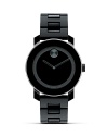 Medium Movado BOLD chronograph watch with black dial with black accents and deployment bracelet.