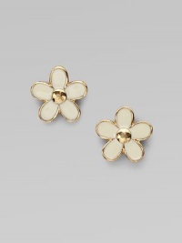 A sweet, delicate floral design to adorn the ears.Epoxy Plated brass Diameter, about ½ 14K gold filled post backs Imported 