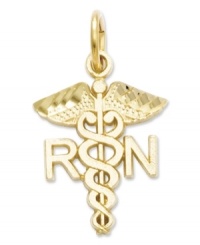 Honor your favorite nurse with this symbolic charm. Crafted in 14k gold, charm features a polished design with the letters RN. Chain not included. Approximate length: 4/5 inch. Approximate width: 1/2 inch.