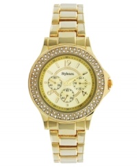 Shimmer and shine with this regal watch by Style&co. Gold tone mixed metal bracelet and round case. Bezel embellished with crystal accents. Champagne dial features numerals at twelve, four and eight o'clock, stick indices, minute track, three multifunctional subdials and logo. Quartz movement. Two-year limited warranty.