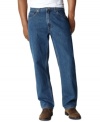 Stonewashed 5-pocket jeans feature a relaxed mid-rise fit with straight leg and zip fly. Leg opening measures 19.