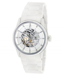 Precision with the flick of a wrist. This automatic watch from Kenneth Cole New York keeps your style fresh with white silicone and a skeleton dial.