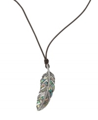 Stand apart from the flock in this free-spirited style. Fossil's fashionable feather pendant features abalone shell inlay and clear crystal pave. Cord crafted from chocolate brown leather with a lobster claw clasp. Approximate length: 24 inches + 2-inch extender. Approximate drop: 2-3/4 inches.