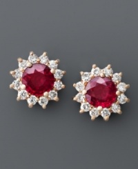 Style with a regal flair. These head-turning earrings from Royalty Inspired by Effy Collection feature bright red rubies (2 ct. t.w.) surrounded by a halo of sparkling round-cut diamonds (5/8 ct. t.w.). Set in 14k rose gold. Approximate diameter: 1/2 inch.