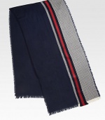 Midnight blue and red in wool/silk with fringe.55% wool/45% silk20W x 79HDry cleanMade in Italy