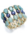 Serene colors made for the weekend. This stretch bracelet from Charter Club displays tonal teal plastic and glass beads on a three-row silhouette. Stretches to fit wrist. Crafted in gold tone mixed metal. Approximate diameter: 2-1/2 inches.