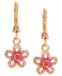 Pick these! Betsey Johnson's flower drop earrings are crafted from gold-tone mixed metal with colorful glass crystal accents adding a vibrant pop. Approximate drop: 1-1/5 inches.