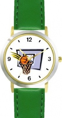 Basketball, Hoop, Backboard, Swish Basketball Theme - WATCHBUDDY® DELUXE TWO-TONE THEME WATCH - Arabic Numbers - Green Leather Strap-Children's Size-Small ( Boy's Size & Girl's Size )