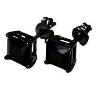 Authentic Black Enamel Stud Earrings Sterling Silver .925 Genuine Black Diamond Color Cubic Zirconia Princes Cut 2 Carat Total Weight Special Limited Time Offer Super Sale Price, Comes with a Free Gift Pouch and Gift Box