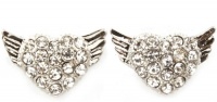 Gorgeous Silver Plated Flying Heart Angel Wings Stud Earrings with Sparkling Crystals