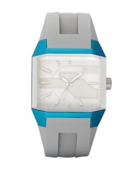 Stop them in their tracks with this Diesel watch's modern style and icy cool facade. Gray silicone strap and square brushed teal anodized plated case. Gray matte dial features applied stick indices, luminous hands and logo. Quartz movement. Water resistant to 50 meters. Two-year limited warranty.