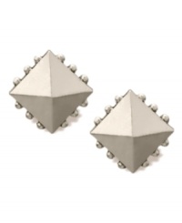 Simple studs with a touch of eccentricity. Earrings by RACHEL Rachel Roy feature a pyramid-shape design accented with dramatic studs. Crafted in worn white gold tone mixed metal.