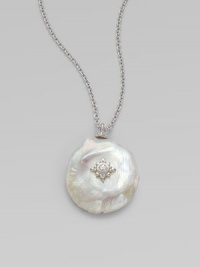 From the Aspen Collection. A lustrous white baroque coin freshwater pearl hangs from a graceful chain, with accents of shimmering white sapphires.White freshwater pearlWhite sapphireRhodium platedChain length, about 17Pendant length, about 1¼Lobster claspImported