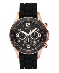 A sophisticated update to the classic sport profile. Watch by Marc by Marc Jacobs crafted of black silicone bracelet and round rose-gold ion-plated stainless steel case. Black bezel with rose-gold tone numerals. Black chronograph dial features large numerals, minute track, date window, three subdials, three hands and logo. Quartz movement. Water resistant to 50 meters. Two-year limited warranty.