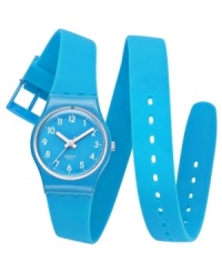 Wrap your wrists in sporty style with this bright silicone Lady Cyan collection Swatch watch.