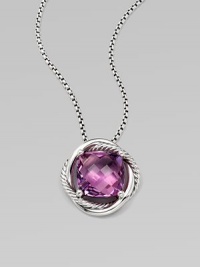 From the Infinity Collection. A beautiful, faceted amethyst stone set in sleek sterling silver on a box link chain. AmethystSterling sterlingLength, about 18Pendant size, about .55 Lobster clasp closureImported 