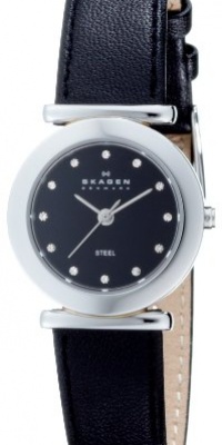 Skagen Women's 107SSLB Stainless Steel Swarovski Crystal Accented Leather Watch