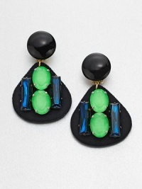 A large, colorful piece with faceted stones in a high-contrast, drop design. Glass and resin stonesPolyurethane coated nylon fabricDrop, about 7 Clip-on backMade in Italy 