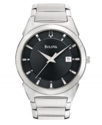 Set the standard for style with this timeless watch by Bulova. Stainless steel bracelet and round case. Textured black dial features applied silver tone stick indices, date window at three o'clock, three hands and logo. Quartz movement. Water resistant to 30 meters. Three-year limited warranty.