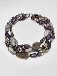 From the Elements Siyabona Collection. A rich array of semiprecious stones in a variety of shapes and sizes, with sparks of Swarovski crystals and resin, creates an intriguing palette in this bold, beaded design.CrystalLabradorite, grey agate, pyrite and quartzResinGoldtone and ruthenium plate Length, about 18Hook claspMade in USA